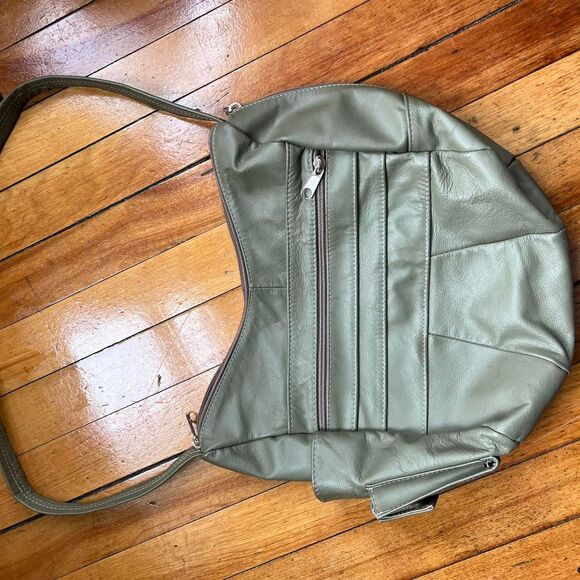 Genuine Leather Shoulder Bag Women's Khaki and Green Purse - Picture 3 of 5